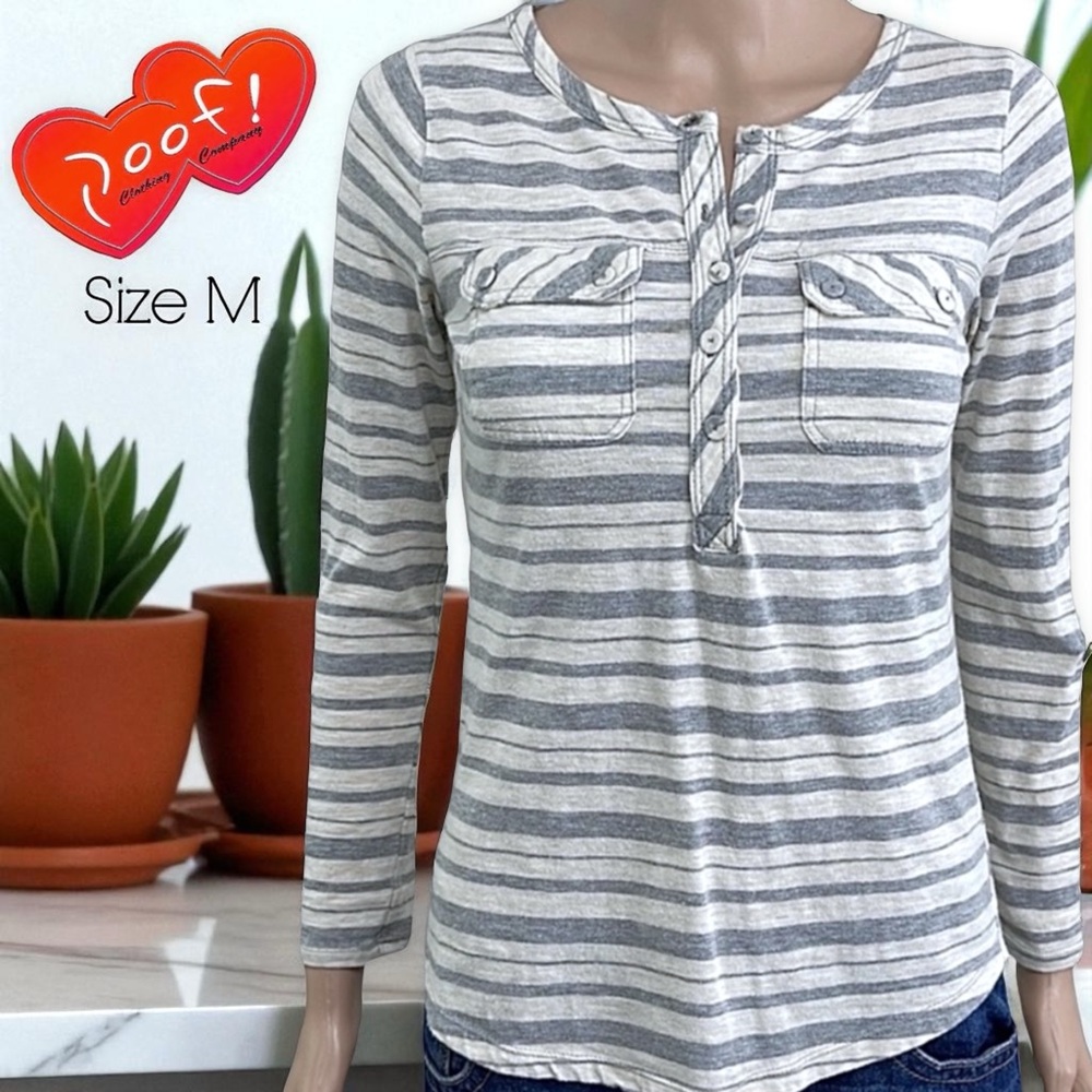 Poof! Striped Henley Roll Sleeve Breast Pocket Top